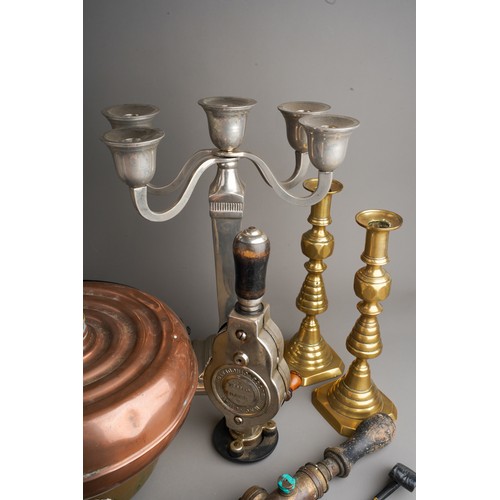 843 - Two carriage lights, silver plated candelabrum, copper jam pan, pair of brass candle sticks, pewter ... 