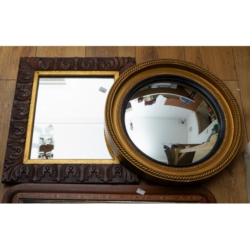 848 - Carved Oak mirror with gilt borders, approx. 44 x 50 cm, gilt round convex mirror and a mantle piece... 