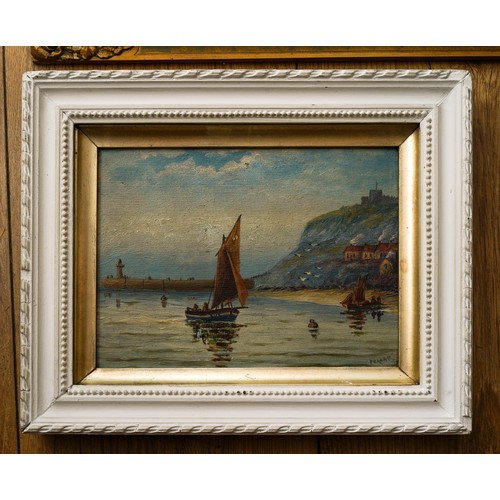 849 - Watercolour of a lake side signed F.V. St Clare together with a small oil on canvas of Whitby bay, s... 