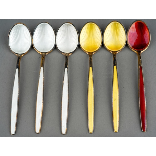 855 - A collection of twelve David Anderson Norwegian silver gilt and enamelled coffee spoons, in six diff... 