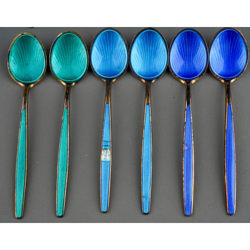 855 - A collection of twelve David Anderson Norwegian silver gilt and enamelled coffee spoons, in six diff... 