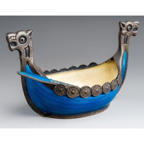 873 - A Norwegian 925 silver mounted enamel salt modelled as a Viking boat and matching condiment spoon, b... 