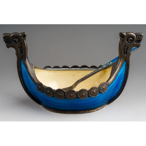 873 - A Norwegian 925 silver mounted enamel salt modelled as a Viking boat and matching condiment spoon, b... 