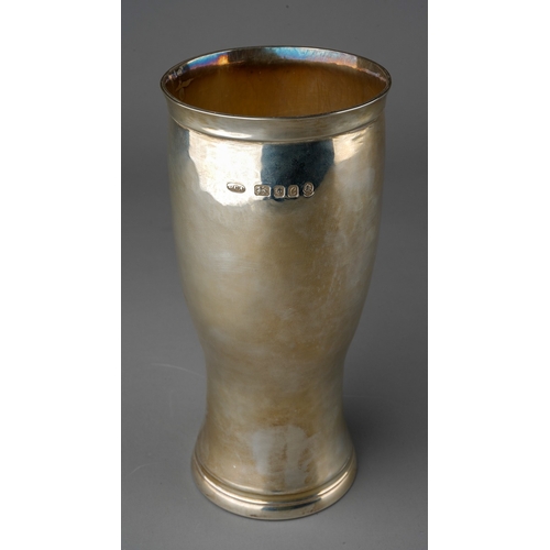 887 - An Elizabeth II planished silver vase of inverted baluster form, banded rims, sponsors mark for Derb... 