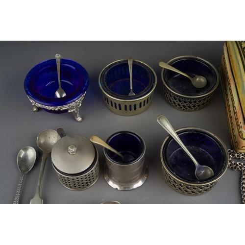 891 - Assorted EPNS and silver plate to include: Georgian style mustard and salts with pieced sides and bl... 