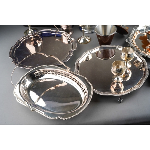 894 - Large collection of silver plated items to include trays, tea pot, candle stick, cutlery etc.