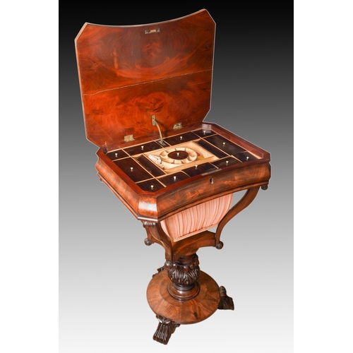 899 - A Victorian mahogany Sewing Table, the quarter veneered top opens to reveal a fitted interior with m... 