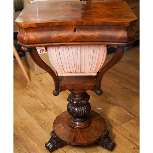 899 - A Victorian mahogany Sewing Table, the quarter veneered top opens to reveal a fitted interior with m... 