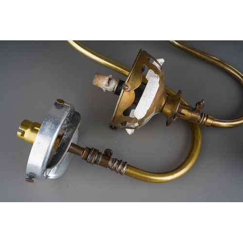 907 - Two early 20th Century brass lights, one with ceramic pan together with a Viner`s of Sheffield plate... 