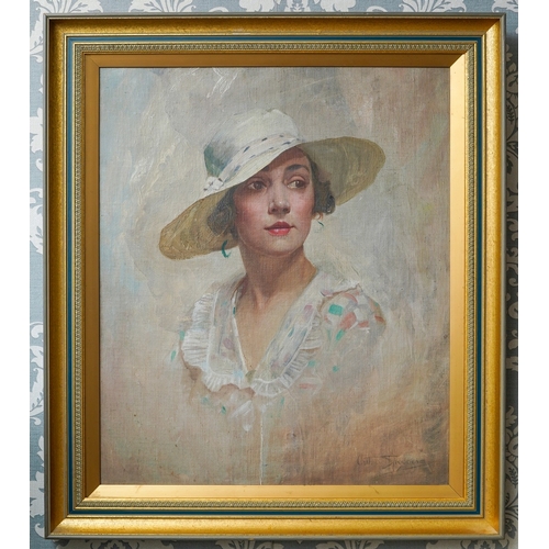 920 - Arthur Spooner RBA (1873-1962)
Portrait of a Lady wearing white dress and summer hat
oil on board, 6... 