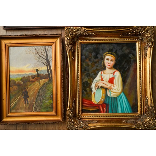 929 - Three 20th Century paintings to include: Continental School portrait of a girl with tambourine, oil ... 