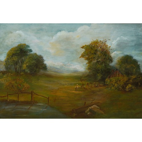 931 - English School (19th Century)
Landscape with cottage and figure
oil on canvas, 40 x 55cm 
signed low... 