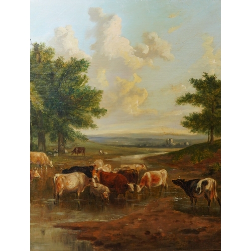 938 - English School (19th Century)
Cattle drinking from a stream town beyond
oil on canvas,  45 x 34.5cm,... 