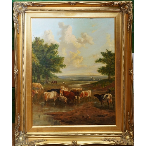 938 - English School (19th Century)
Cattle drinking from a stream town beyond
oil on canvas,  45 x 34.5cm,... 