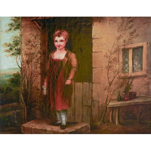 943 - English School (early 19th Century)
Standing child at door holding large Mug 
oil on relined canvas,... 