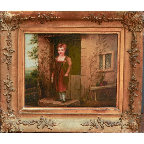 943 - English School (early 19th Century)
Standing child at door holding large Mug 
oil on relined canvas,... 