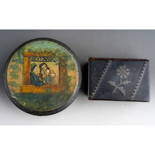 956 - Two 19th century paper mache snuff boxes, one rectangular with cornflower decoration to lid, the oth... 