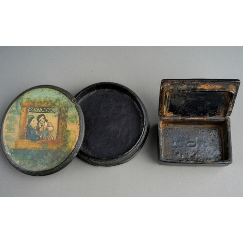 956 - Two 19th century paper mache snuff boxes, one rectangular with cornflower decoration to lid, the oth... 