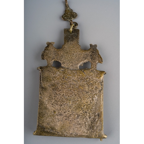 959 - A small Russian bronze orthodox icon triptych, cast in relief, suspended on a hanging clip, height 8... 