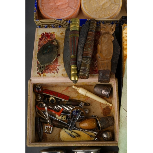 962 - A box containing a quantity of 19th and 20th century treen, metalware, textiles, and collectables, e... 