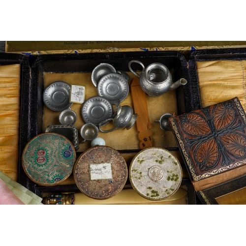 962 - A box containing a quantity of 19th and 20th century treen, metalware, textiles, and collectables, e... 