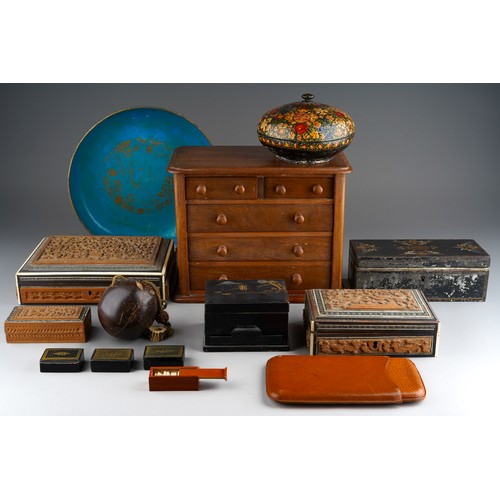 965 - A collection of treen boxes, miniature Victorian style chest of drawers, nut, three 19th century pap... 