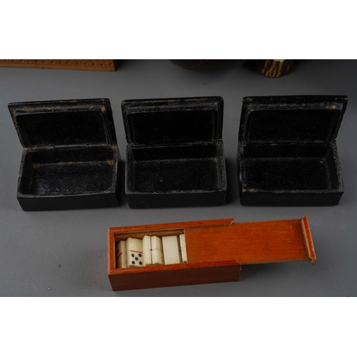 965 - A collection of treen boxes, miniature Victorian style chest of drawers, nut, three 19th century pap... 