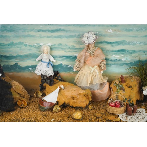 968 - A diorama depicting Queen Victoria with children on an Isle of Wight beach, each figure with painted... 