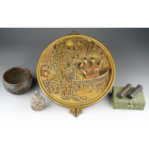 972 - Two boxed metal seals inset with semi-precious stones together with Asian white metal scent bottle, ... 