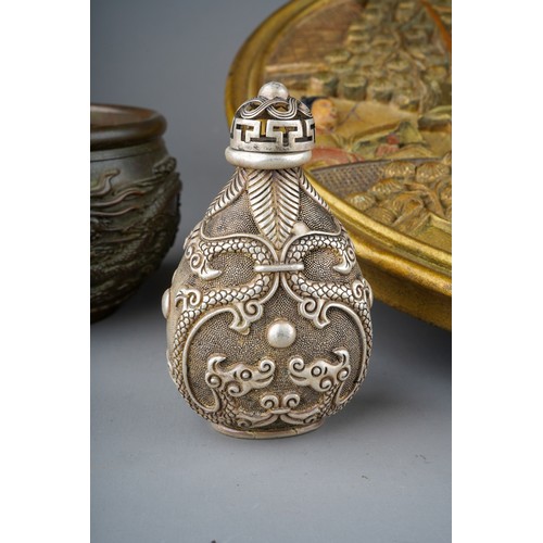 972 - Two boxed metal seals inset with semi-precious stones together with Asian white metal scent bottle, ... 