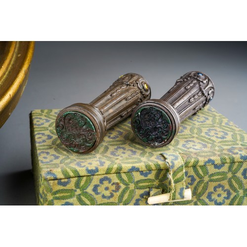 972 - Two boxed metal seals inset with semi-precious stones together with Asian white metal scent bottle, ... 