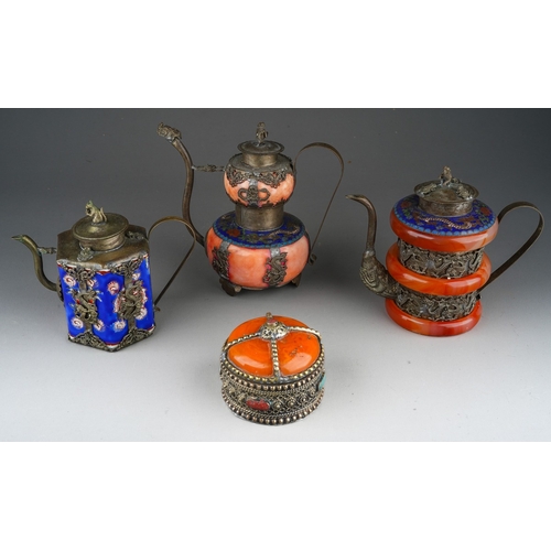 973 - Two Asian white metal mounted and cloisonne teapots, one with semi-precious ring details together wi... 