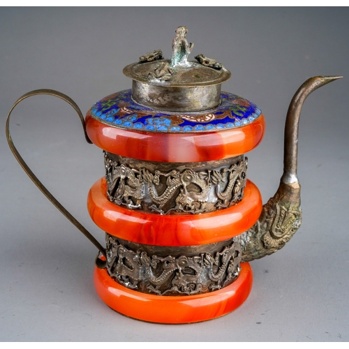 973 - Two Asian white metal mounted and cloisonne teapots, one with semi-precious ring details together wi... 