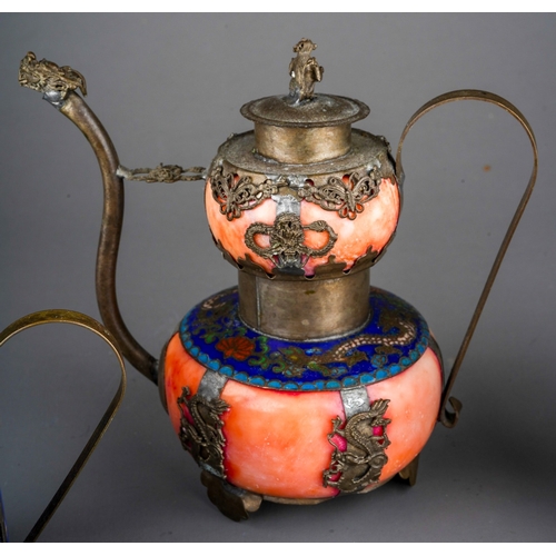 973 - Two Asian white metal mounted and cloisonne teapots, one with semi-precious ring details together wi... 