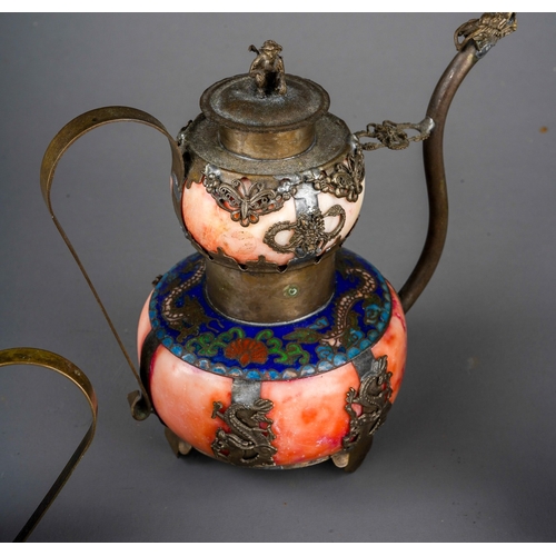 973 - Two Asian white metal mounted and cloisonne teapots, one with semi-precious ring details together wi... 