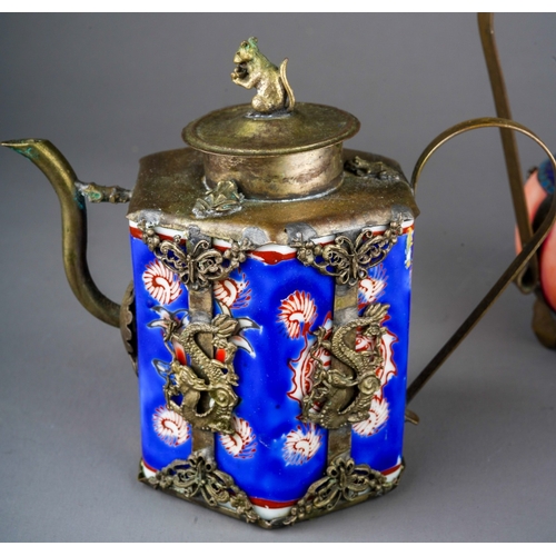 973 - Two Asian white metal mounted and cloisonne teapots, one with semi-precious ring details together wi... 