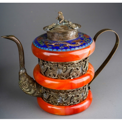 973 - Two Asian white metal mounted and cloisonne teapots, one with semi-precious ring details together wi... 