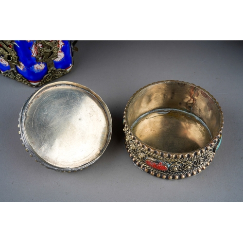 973 - Two Asian white metal mounted and cloisonne teapots, one with semi-precious ring details together wi... 