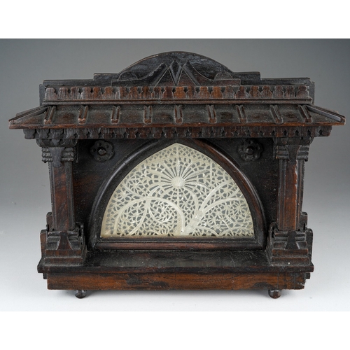 974 - An Islamic carved oak and pierced white metal travelling shrine, approx 24cm wide x 21cm high