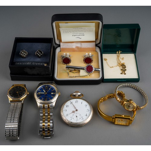 980 - Collection of watches and jewellery  to include plated pocket watch, 4 wrist watches, 9 ct gold nodd... 