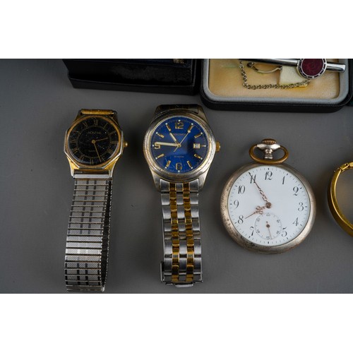 980 - Collection of watches and jewellery  to include plated pocket watch, 4 wrist watches, 9 ct gold nodd... 