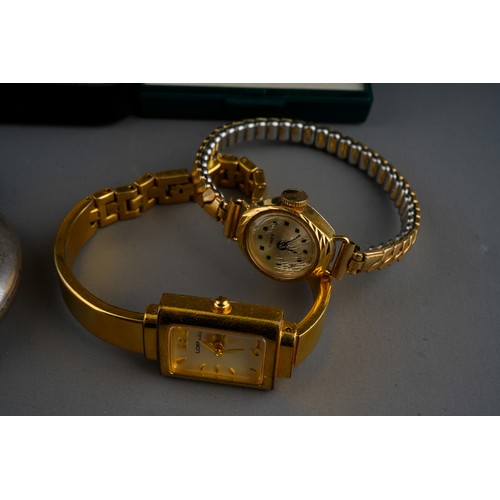 980 - Collection of watches and jewellery  to include plated pocket watch, 4 wrist watches, 9 ct gold nodd... 