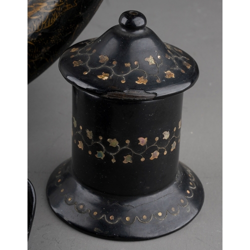 984 - Four pieces of late 19th and early 20th century papier mache items, comprising a Victorian cylindric... 