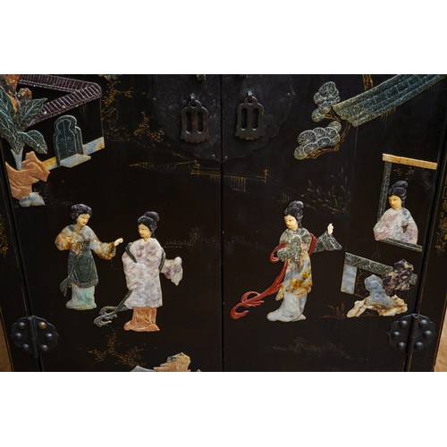 998 - A mid to late 20th century Japanese black lacquered, gilt and Shibayama style double door cabinet, t... 