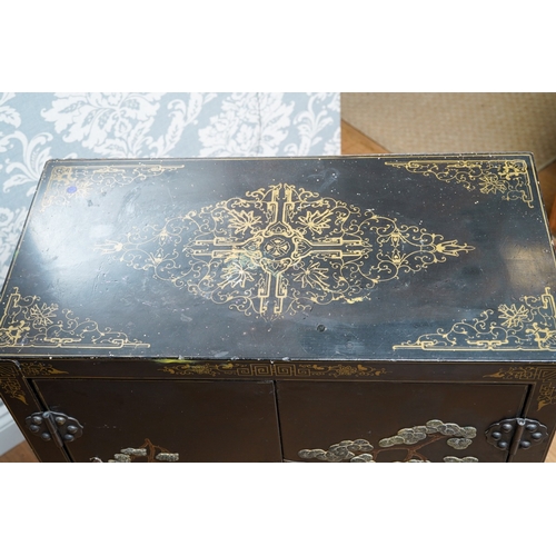 998 - A mid to late 20th century Japanese black lacquered, gilt and Shibayama style double door cabinet, t... 