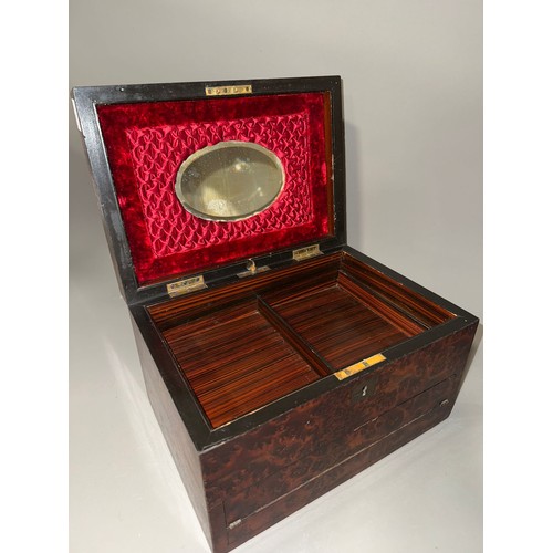 999 - 19 th century burr wood work box with integrated spring loaded writing slope together with pen knife... 