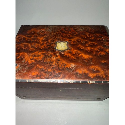 999 - 19 th century burr wood work box with integrated spring loaded writing slope together with pen knife... 