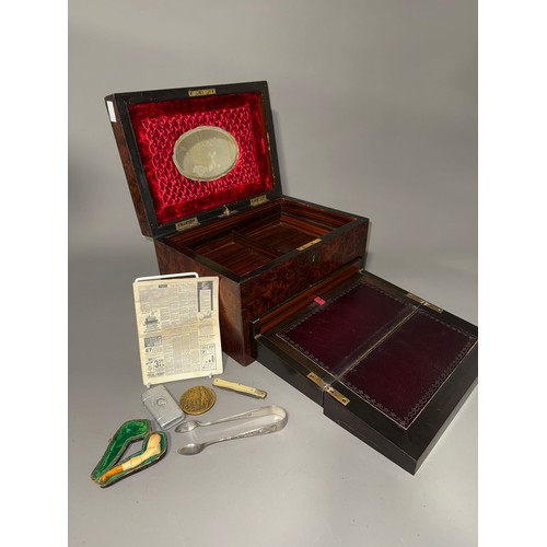 999 - 19 th century burr wood work box with integrated spring loaded writing slope together with pen knife... 