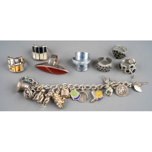 1002 - Collection of silver  and costume jewellery to include rings and silver charm bracelet (56.7)