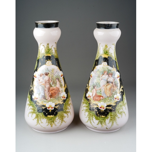 148 - A pair of late Victorian pale peach opaque glass vases of conical form, printed and painted decorati... 